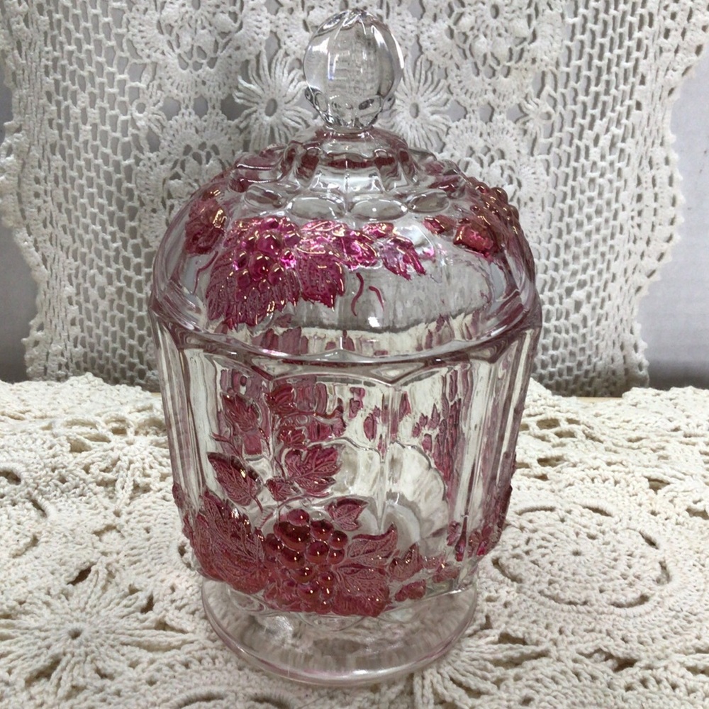 Antique Westmoreland red iridescent grape design candy dish with lid